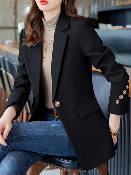 Women Notched Collar Button Front Blazer