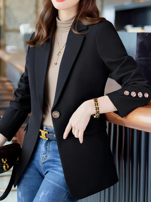 Women Notched Collar Button Front Blazer