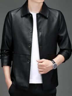 Men’s Solid Color Stylish PU Leather Jacket