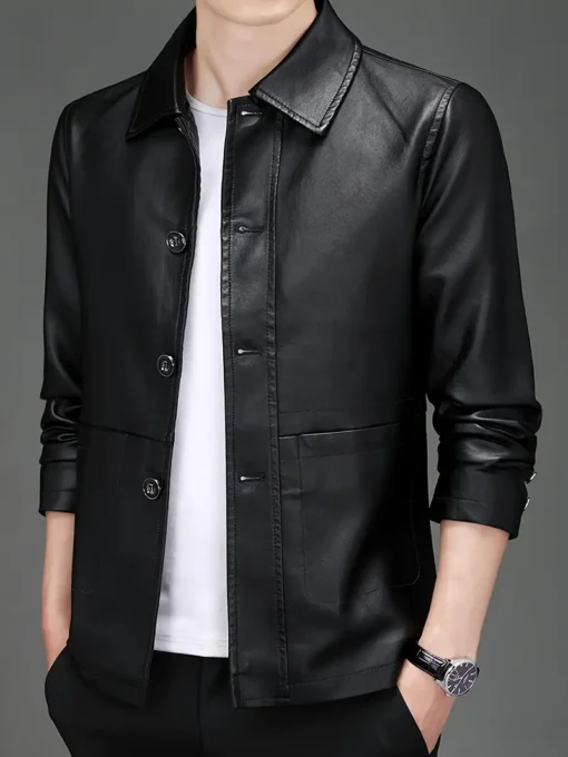 Men’s Solid Color Stylish PU Leather Jacket