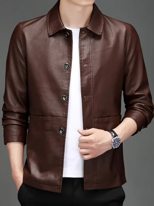 Men’s Solid Color Stylish PU Leather Jacket