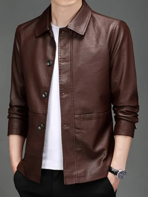 Men’s Solid Color Stylish PU Leather Jacket