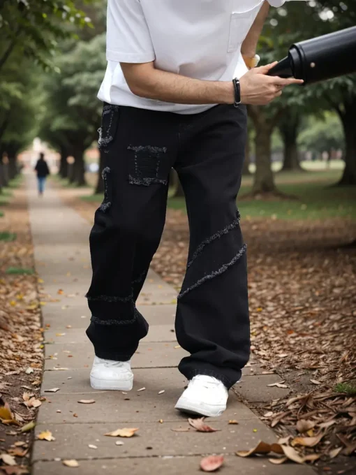 Men’s Loose Frayed Denim Trousers With Pockets