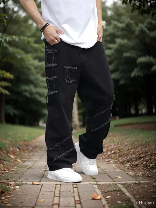 Men’s Loose Frayed Denim Trousers With Pockets