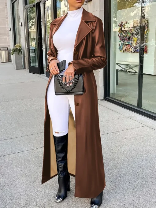 Super 1pc Elegant Women'S Long Sleeve Faux Leather Trench Coat