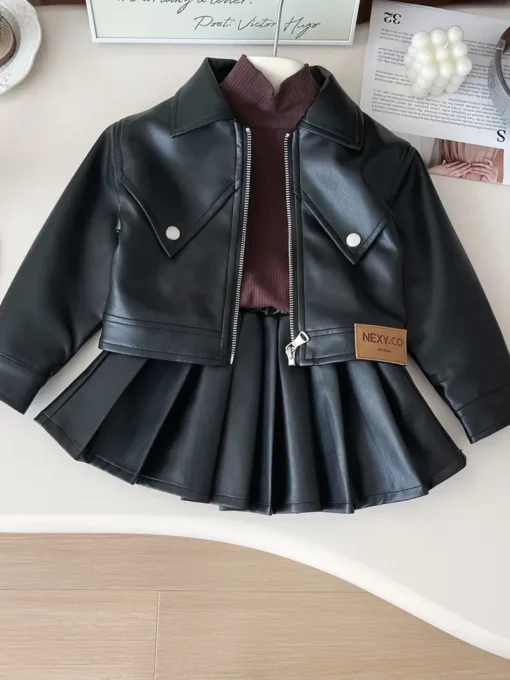 Fashion Faux Leather Jacket and Pleated Skirt Set