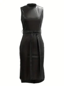 Alternative view of Faux Leather Crew Neck Dress, Elegant Sleeveless Belted Split Dress, Women's Clothing