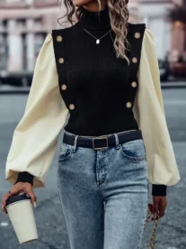 Alternative view of Elegant High-Neck Knit Sweater with Faux Button Detail - Stretchy Polyester Blend, Machine Washable