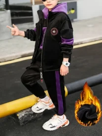 Alternative view of Boys' 3pcs Winter Set: Cozy Fleece-Lined Hoodie, Vest & Pants - Color Block Design for Casual Wear, Perfect for Outdoor