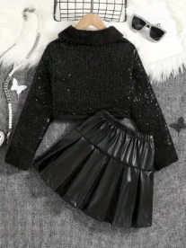 Alternative view of Party Sequin Jacket and Pleated Faux Leather Skirt Set with Furry Collar and Belt
