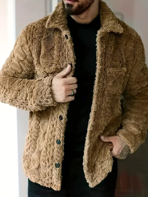 Stylish 1pc Men’S Casual Solid Color Sherpa Jacket