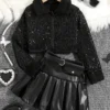 Party Sequin Jacket and Pleated Faux Leather Skirt Set with Furry Collar and Belt