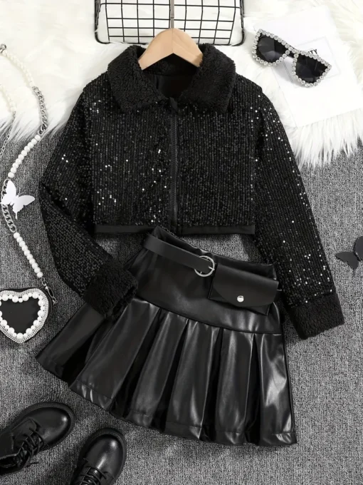 Party Sequin Jacket and Pleated Faux Leather Skirt Set with Furry Collar and Belt