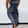 Faux Leather Crew Neck Dress, Elegant Sleeveless Belted Split Dress, Women’s Clothing