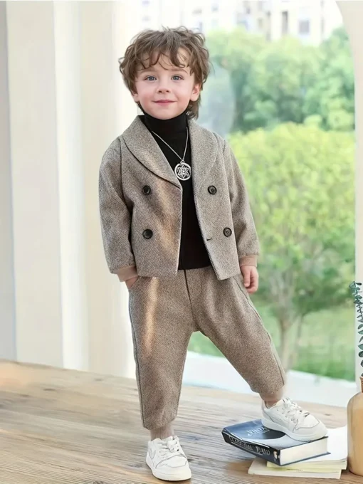 Boys' Stylish Suit Set for Hosting & Show - Casual Polyester Blend, Long Sleeve, Solid Color, Button Detail, Spring/Autumn