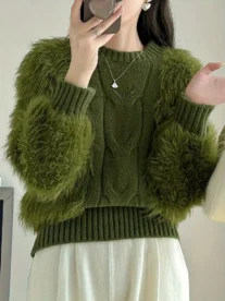 Alternative view of Elegant Women's Plaid Knitted Sweater with Faux Fur Sleeves